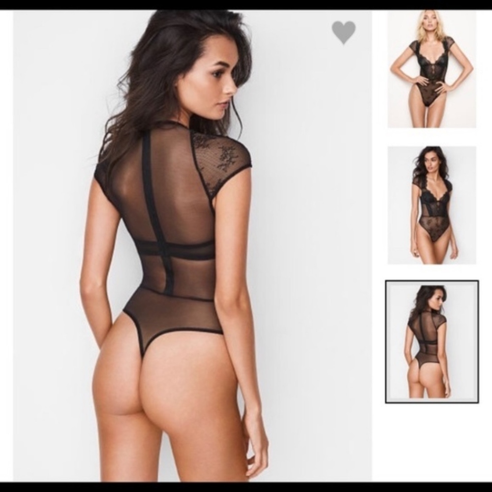 Chantilly Lace Up Cap-sleeve Bodysuit thong teddy - Picture 7 of 8